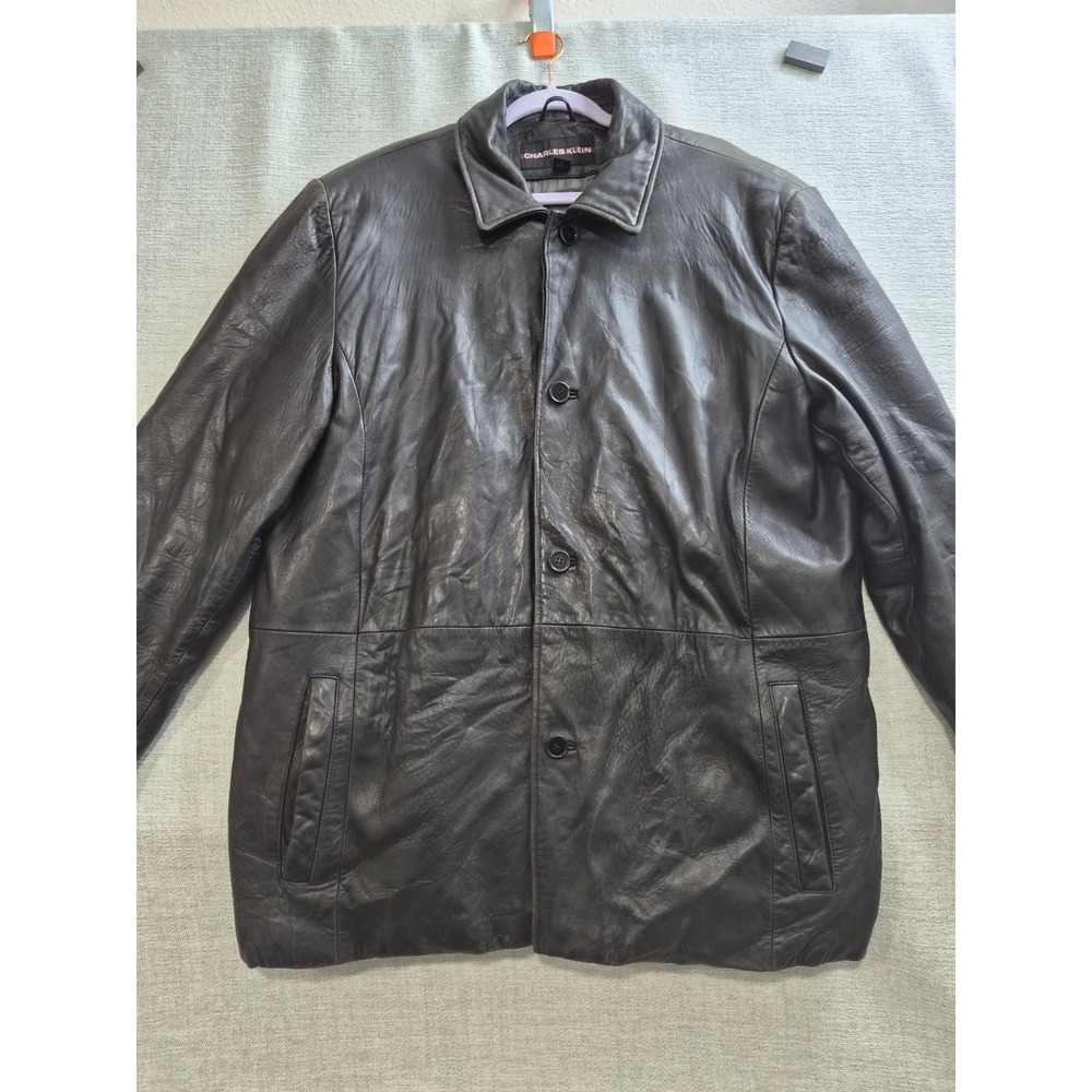 Vintage Charles Klein Genuine Leather Jacket Mens XL Black Lined Button Front